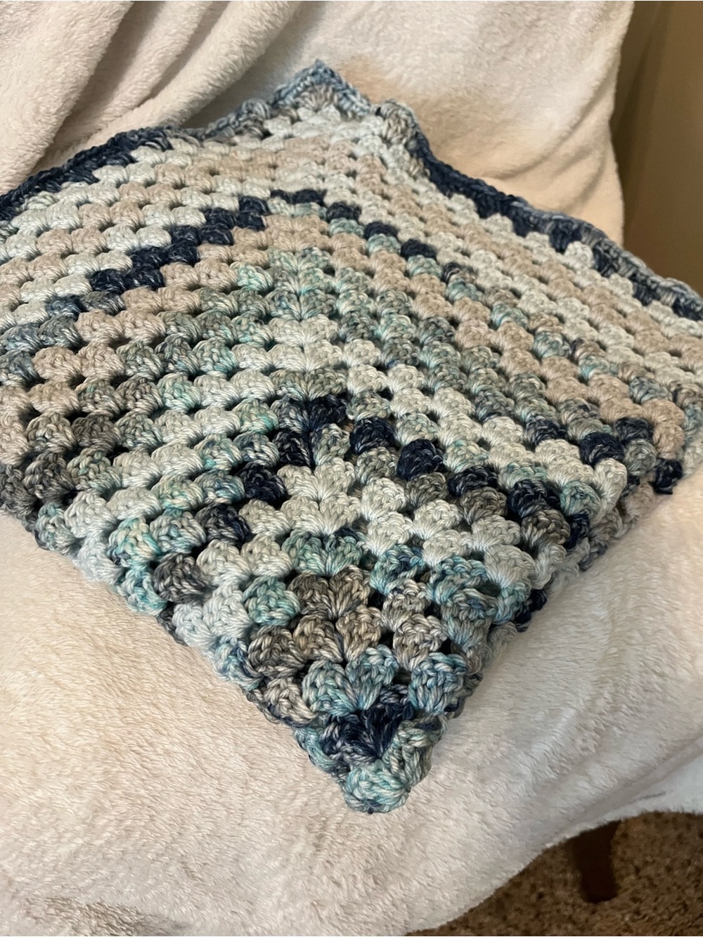 Handmade Crochet Granny Square Blanket in Blue, Gray & Cream